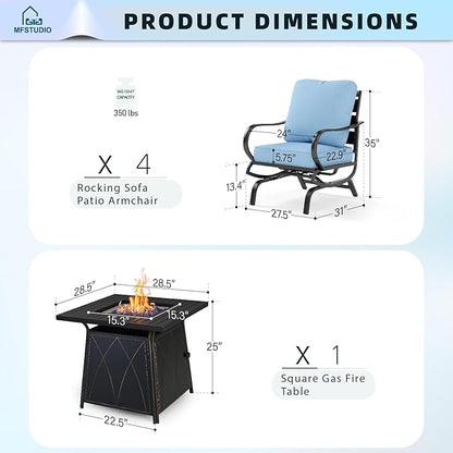 MFSTUDIO 5 Pieces Patio Conversation Sets, Outdoor Metal Furniture Sofas with 1 x 28 50,000 BTU Square Propane Fire Table and 4 x Wrought Iron Frame Rocking Chairs with Blue Cushion