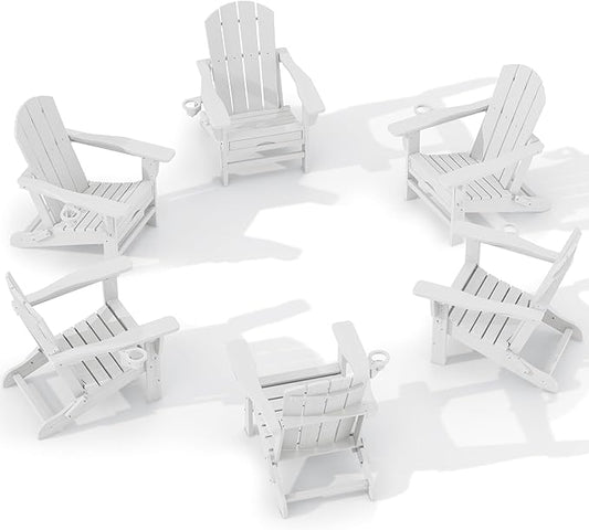 KINGYES Folding Adjustable Adirondack Chair with Retractable Ottoman Set of 6, HDPE All Weather Chair with Cup Holder - Versatile Adirondack Chair, White