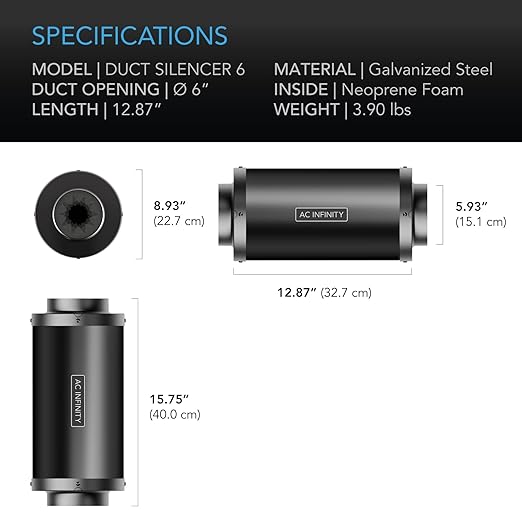 AC Infinity Inline Duct Fan Silencer, 6" Noise Reduction Muffler Blower Silencer for Indoor Hydroponics Grow Tent Ventilation Systems