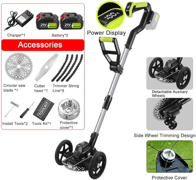 4 in 1 iToolMax Cordless Grass Trimmer, Electric Weed Wacker Cordless, Weed Eater Battery Powered with 2 Batteries, Brush Cutter & Grass Trimmer & Lawn Edger & Four-wheel Assist with 3 Types of Blades