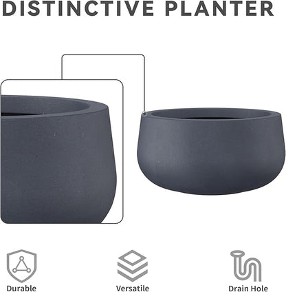 Kante 15.7" Dia Round Concrete Planter, Cement Plant Pots with Drainage Hole and Rubber Plug for Outdoor Indoor Garden Home, Modern Curvaceous Design, Dark Gray