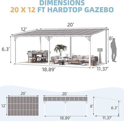 AECOJOY 20' x 12' Gazebo in White, Large Wall Mounted Gazebos on Clearance, Outdoor Patio Lean to Gazebo Metal Awnings for Decks,Patio, Porch, Backyard and More