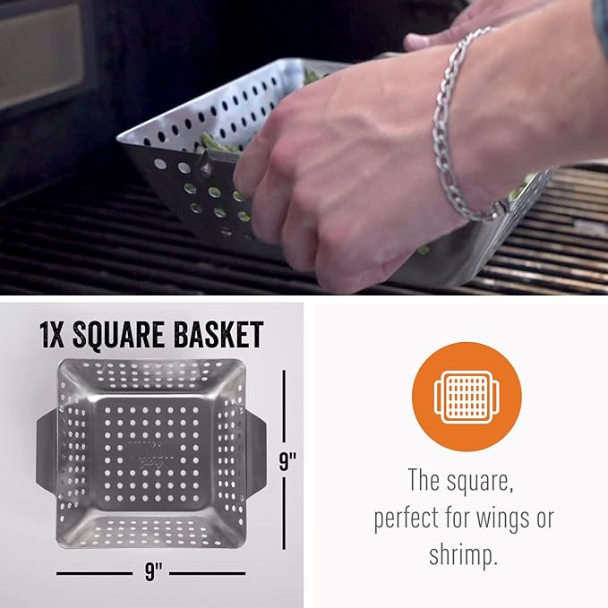 Yukon Glory 3-Piece Mini Grill Basket Set, Perforated Stainless Steel Vegetable BBQ Baskets With Grill Pan Topper, Square & Round, Dishwasher Safe