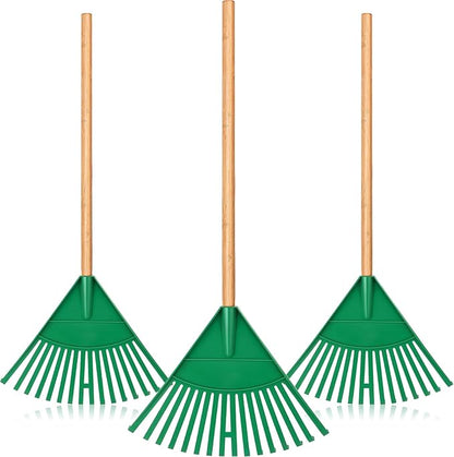 Macarrie Pack of 3 Kids Rakes with Hardwood Handle Lawn Garden Rake for Kids Gifts to Sweep Fall Leaves in Lawn and Tidying up The Garden Made of Wood and Plastic, 34.6 Inch (Green)