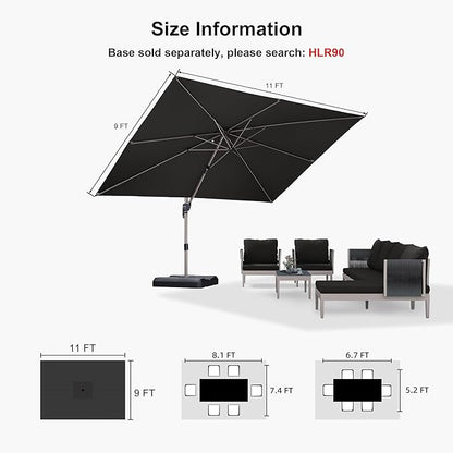 PURPLE LEAF 9' X 11.5' Patio Umbrella, Rectangle Outdoor Cantilever Umbrella, Aluminum Offset Umbrella with Champagne Frame and 360° Rotation for Pool Deck Garden, Grey