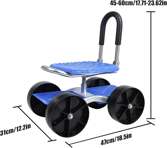 Rolling Garden Cart with Seat, Adjustable 360° Swivel Garden Stool with Wheels, Outdoor Lawn Yard Rolling Work Seat, Patio Scooter on Wheels for Lawn Yard Planting (Blue)