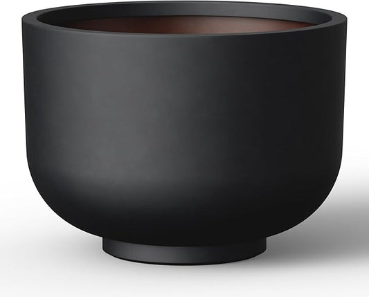 Kante 17.7 Inch Dia Concrete Bowl Planter, Large Tapered Bottom Plant Pot with Drainage, Smooth Black Finish with Warm Brown Interior, Ideal for Porch, Home, Garden, Patio