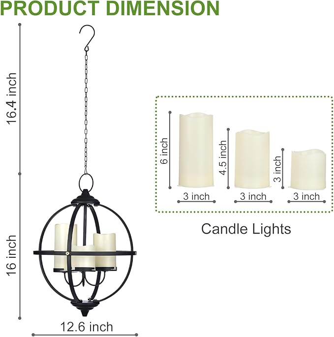 Battery Operated Outdoor Candle Chandelier - Black Metal Globe Hanging Pendant Light with 3 Flameless Candles, 12.6" Waterproof Lights for Gazebo, Pergola, Garden, Porch & Backyard