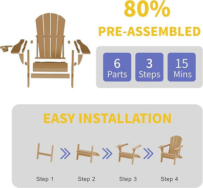 Kingdura Foldable Adirondack Chair, Portable HDPE All Weather Resistant Outdoor Patio Chair, Wooden Textured with Cup Holder, 380LBS Capacity for Poolside, Backyard, Deck, Fire Pit (Brown