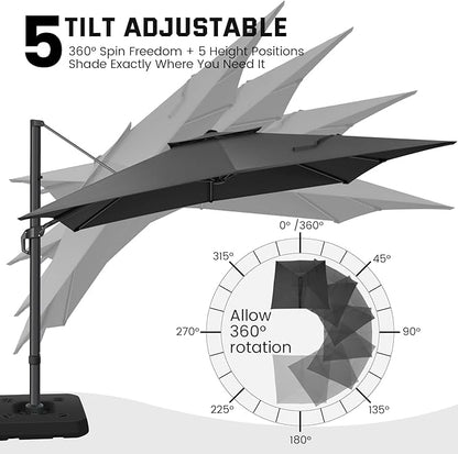 Hotime 10ft Cantilever Patio Umbrella Outdoor Heavy Duty Double Top Windproof Aluminum Offset Umbrella with 360°Rotation for Pool Garden Deck, Gray