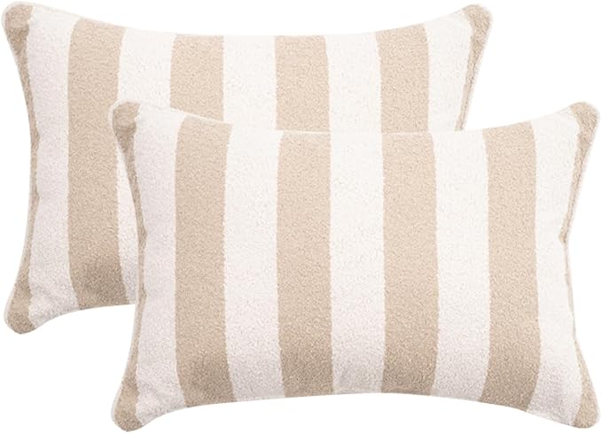 2 Pack Outdoor Throw Pillows 21x15 Inch Decorative Pillow Cushions with Insert for Patio Garden Porch, Khaki Stripe