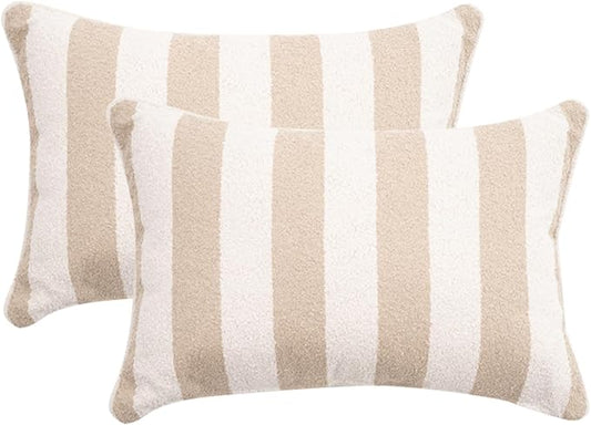 2 Pack Outdoor Throw Pillows 21x15 Inch Decorative Pillow Cushions with Insert for Patio Garden Porch, Khaki Stripe