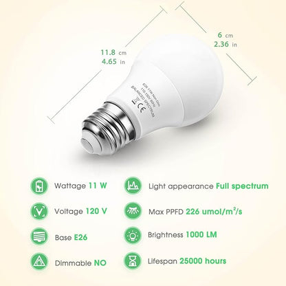 Grow Light Bulbs, WEEGrow LED Grow Light Bulb A19 Bulb, Full Spectrum Grow Light Bulb, Plant Light Bulb E26 Base, 11W Grow Bulb 100W Equivalent, Grow Light for Indoor Plant, Seed Starting, Veg, 6 Pack