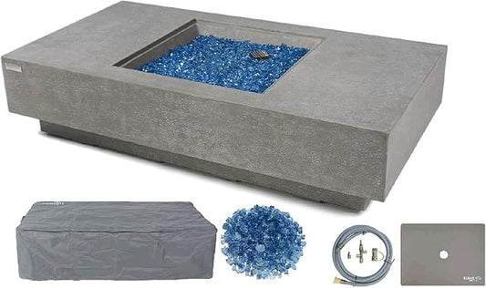 Elementi+ | Monte Carlo Gas Fire Pit Cast Concrete 60" Rectangular Fire Table, Outdoor Fire Pit Electronic Ignition | Canvas Cover, Fire Glass and Burner Lid Included | Light Gray | Natural Gas