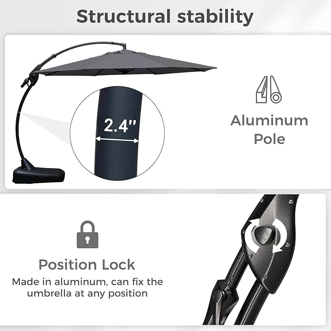 Grand patio 12 FT Sunbrella Outdoor Cantilever Umbrella with Base Patio Large Aluminum Offset Umbrella for Deck Yard (Charcoal-SUNBRELLA, 12 FT)