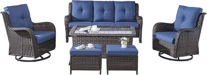 Rilyson 6 Piece Outdoor Patio Furniture Set - Rattan Wicker Patio Conversation Sets with 2 Swivel Rocker Chairs,2 Ottomans,1 Sofa and 1 Coffee Table for Outside Porch Deck Backyard(Brown/Blue)