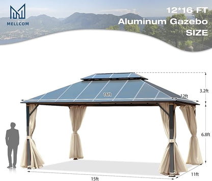 MELLCOM 12x16FT Hardtop Gazebo, Permanent Outdoor Aluminum Patio Gazebo with Aluminum Composite Double Roof for Patio Lawn and Garden, Curtains and Netting Included