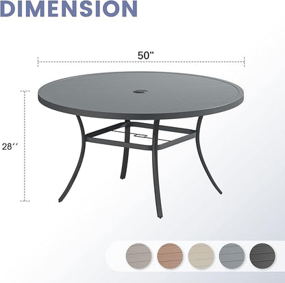 VICLLAX Outdoor Patio Round Dining Table, 50"x 50" Metal Slatted Round Tabletop with Adjustable Umbrella Hole for Deck Lawn Garden Backyard, Dark Grey