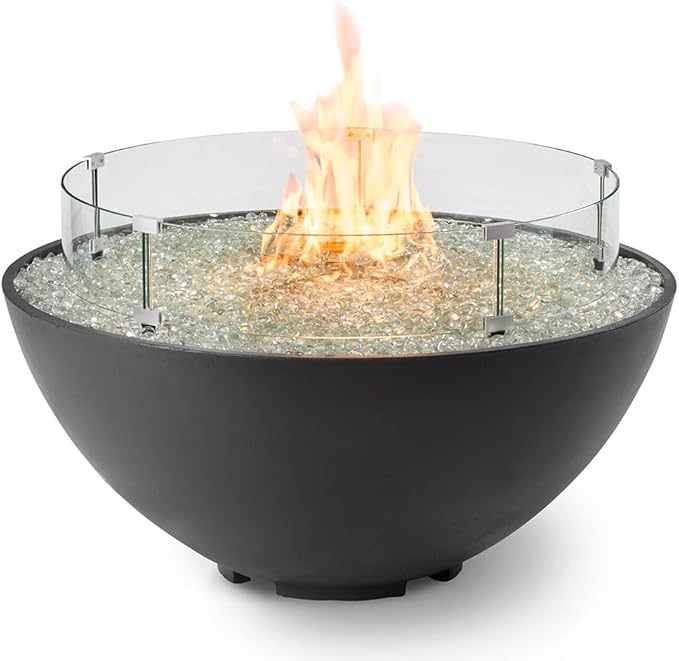 Outdoor GreatRoom Co Propane Fire Pit Table - Cove Gas Fire Pits for Outside Patio - 42 Inch Round Edge Bowl Concrete Firepit Fire Table, Glass Tabletop Cover, Clear Glass Gems, 105,000 BTU - Mist