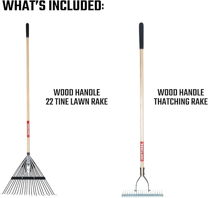 CRAFTSMAN 2-Piece Raking Set with Lawn & Thatching Rakes, Wood Handles with Cushion Grips, for Leaves, Dethatching, Dead Grass, Cultivating