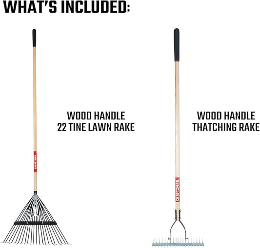 CRAFTSMAN 2-Piece Raking Set with Lawn & Thatching Rakes, Wood Handles with Cushion Grips, for Leaves, Dethatching, Dead Grass, Cultivating