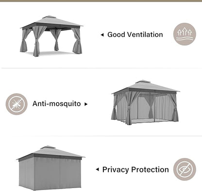 LAUSAINT HOME Outdoor Patio Gazebo 12'x12' with Expansion Bolts, Heavy Duty Party Tent & Shelter with Double Roofs, Mosquito Nettings and Privacy Screens for Backyard, Garden, Lawn, Smoke Grey