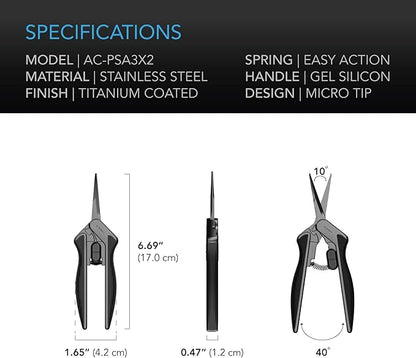 AC Infinity 6.6” Stainless Steel Pruning Shear 2-Pack, Lightweight Ergonomic Design, Straight Precision Blades with Nonstick Titanium Coating for Gardening, Hydroponics, Grow Tents