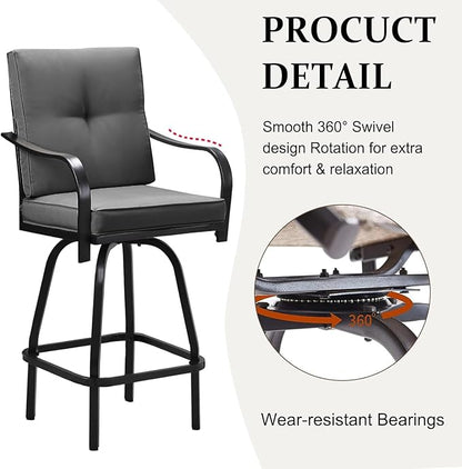 Patio Swivel Bar Stools, Outdoor High Back Swivel Bar Chair Set of 4 with Cushion & All Weather Steel Frame for Backyard, Lawn, Poolside and Balcony, Dark Gray