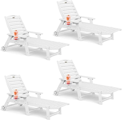 Lounge Chair Outdoor Set of 4 with Wheels, Adjustable 6-Position Chaise Lounge Outdoor, Patio Lounge Chair for Poolside Backyard, White
