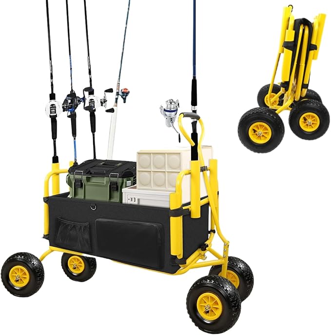 Fishing Cart,Beach Wagon Trolley Cart with 11'' All-Terrain Wheels for Sand,Heavy Duty Garden Cart with Rod Holders,Umbrella Holder and Durable Collapsible Wagon