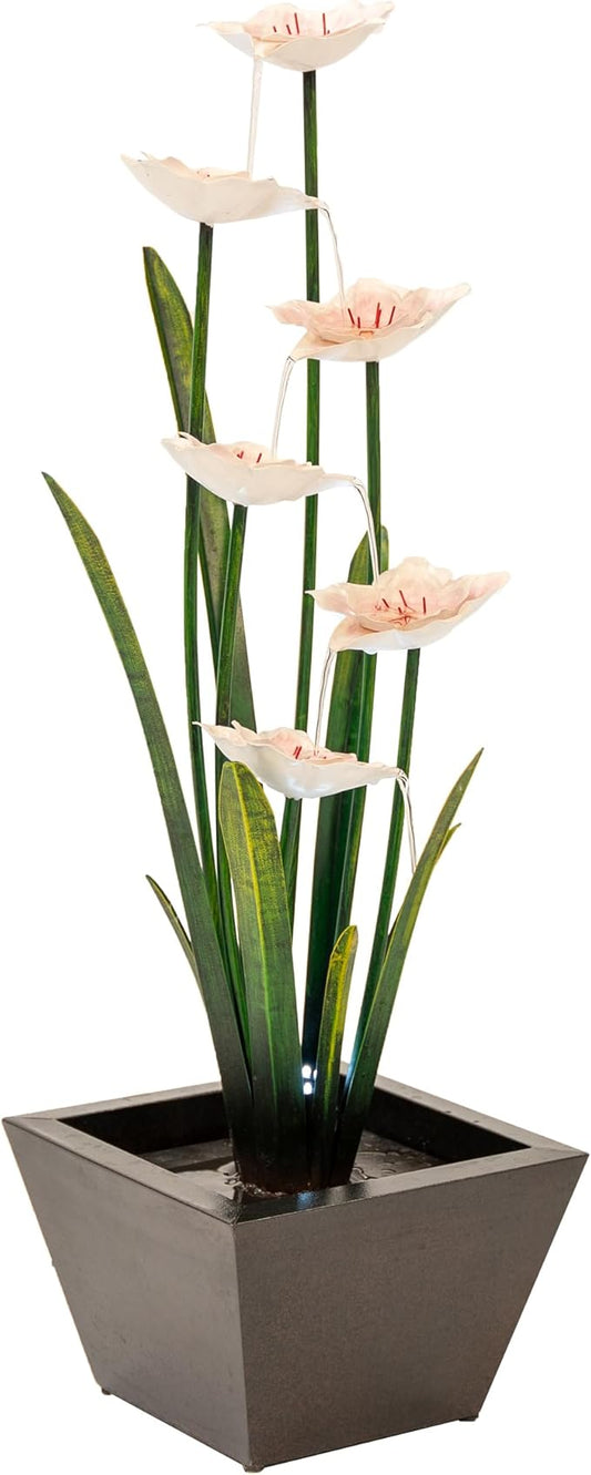 XBrand Metal Sculptural Multi-Tiered Flower Water Fountain, Multicolored, 39" Tall, w/LED Lights