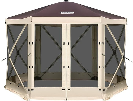 Tecoom 6-Sided Pop Up Gazebo Tent, Screen House with Mosquito Netting Canopy for Camping, 10x10ft Portable Sun Shelter Removable Siedwalls for Outdoor, Garden, Activities, Khaki