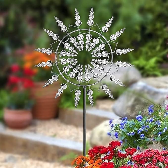 2Pcs Unique Fantasy Metal Windmill, 3D Wind Powered Kinetic Sculpture, Dual-Tiered Opposite-Directional Rotation, Stainless Steel Wind Spinners, Silver