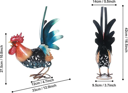 16.5" Metal Rooster Garden Statue, Handmade Morning Crowing Rooster Sculpture with Green Tail Feathers, Rust-Resistant Iron Art for Yard, Farmhouse, Kitchen & Outdoor Decor