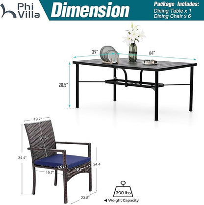 PHI VILLA 7 Piece Outdoor Dining Set for 6, 64" Wrought Iron Dining Table with Umbrella Hole & Cushioned Rattan Chairs for Patio, Yard, Porch, Deck