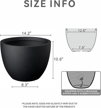 Kante 14.2 Inch Round Concrete Planter - Classic Large Indoor/Outdoor Plant Pot with Drainage Hole and Rubber Plug, Suitable for Gardens and Patios, Black