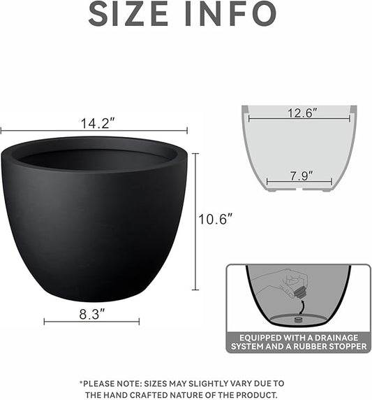 Kante 14.2 Inch Round Concrete Planter - Classic Large Indoor/Outdoor Plant Pot with Drainage Hole and Rubber Plug, Suitable for Gardens and Patios, Black