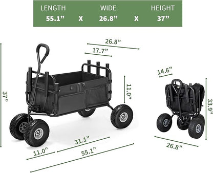 Fishing Cart Beach Cart Collapsible Wagon with 11”All Terrain Big Wheels,Heavy-Duty Garden Carts with 6 Holders and Storage Pocket for Outdoor,Fishing, Picnic