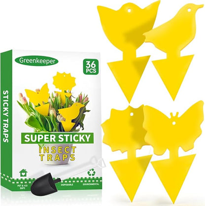 36 Pcs Classic Sticky Traps for Fungus Gnat (Plants), Fruit Fly, Whitefly, and Fly, Yellow Sticky Insect Catcher Traps for Indoor/Outdoor, Kitchen, and Plants, High-End Glue, Non-Toxic, 4 Shapes