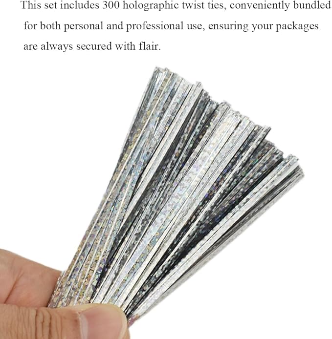 HAHIYO 300Pcs 4inches Holographic Silver Metal Twist Ties Bread Candy Coffee Bag Ties Plant Garden Twist Ties for Cellophane Treat Bags Gift Wraping Bags Plastic Bags Party Cake Present Art Crafts