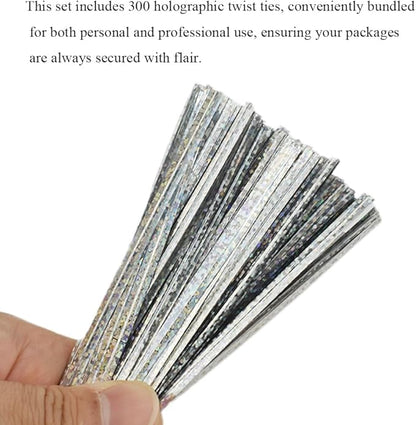 HAHIYO 300Pcs 4inches Holographic Silver Metal Twist Ties Bread Candy Coffee Bag Ties Plant Garden Twist Ties for Cellophane Treat Bags Gift Wraping Bags Plastic Bags Party Cake Present Art Crafts