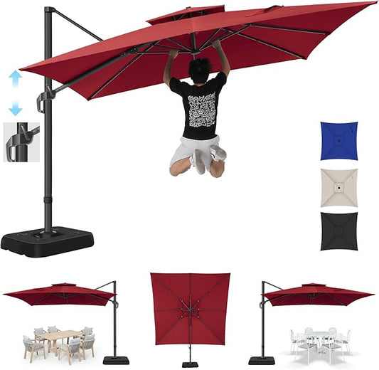 Hotime 10ft Cantilever Umbrella Outdoor Patio Umbrella Windproof Heavy Duty Double Top Offset Patio Umbrella Cantilever Pool Umbrella with 360°Rotation for Garden Deck Pool, Wine Red