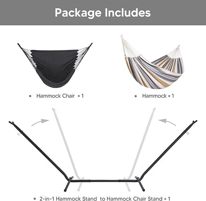 SUNCREAT 2-in-1 Convertible Double Hammocks 2 Person Heavy Duty, Large Patio Hammock with Space Saving Stand, Patent Pending, Coffee Stripe