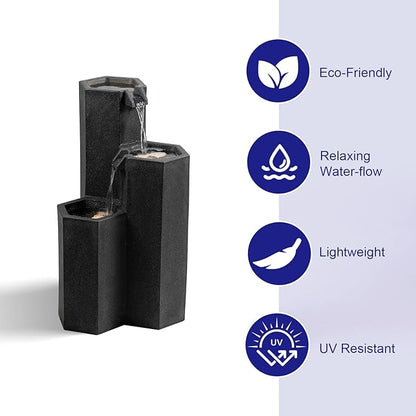 27.95" H Outdoor Water Fountain Made with Eco-Friendly Recyclable Materials, Polyethylene Cascading Waterfall Fountain, Garden Waterfall Decor with LED Light & Pump for Patio, Backyard