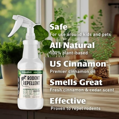 GreenGro Rodent Repellent Spray - Organic Cedar & Cinnamon Oil for Pest Control/Mice, Rat, Vole & Squirrel Repellent/Non-Toxic/Safe for Pets/Use for Home, Garden, Garage, RVs (16oz)