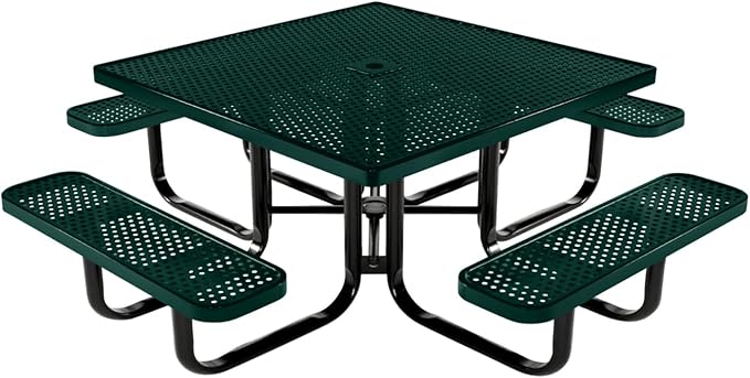 COATEDOUTDOORFURNITURE Heavy-Duty Portable Outdoor Kids Table with Umbrella Hole, Punched Steel Kids Picnic Table, Commercial-Grade, Made in America (46 in, Square, Childrens, Dark Green)