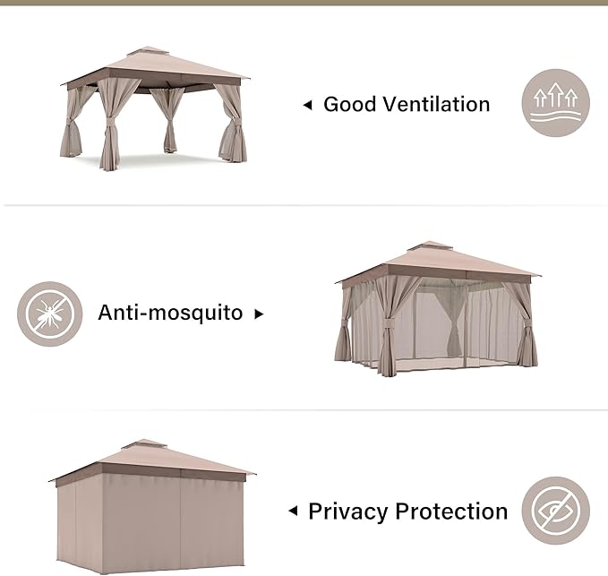 LAUSAINT HOME Outdoor Patio Gazebo 12'x12' with Expansion Bolts, Heavy Duty Party Tent & Shelter with Double Roofs, Mosquito Nettings and Privacy Screens for Backyard, Garden, Lawn, Champagne Khaki