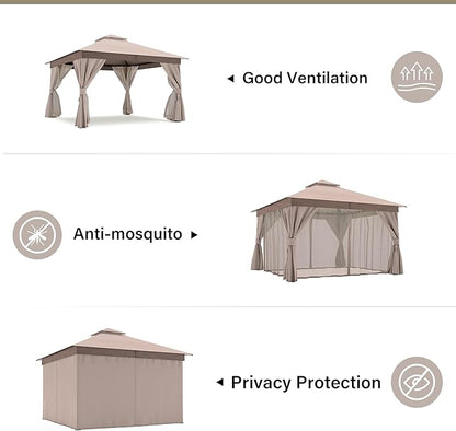 LAUSAINT HOME Outdoor Patio Gazebo 12'x12' with Expansion Bolts, Heavy Duty Party Tent & Shelter with Double Roofs, Mosquito Nettings and Privacy Screens for Backyard, Garden, Lawn, Champagne Khaki