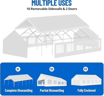20'X32' Party Tent with Removable Sidewall Windows, Outdoor Heavy Duty Wedding Gazebo, Event Shelter Wedding Canopy Tent for Parties Carport BBQ, White & Straight Edge