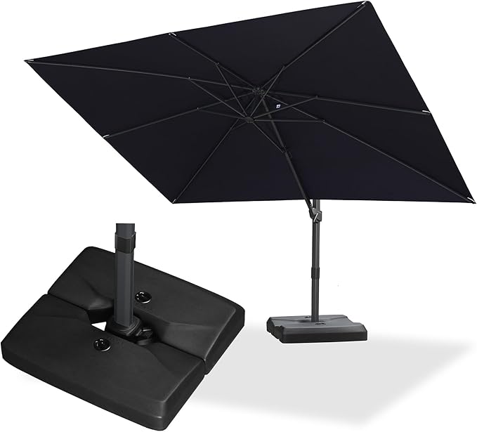 PURPLE LEAF 9' × 11.5' Patio Cantilever Umbrella with Base Outdoor Rectangle Adjustable Offset Umbrellas with 360-degree Rotation and 8 Heavy Duty Metal Ribs for Garden Deck Pool Navy Blue